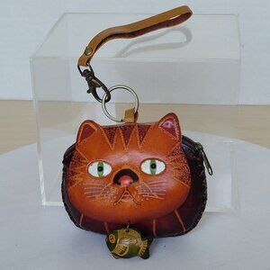 Leather Cat Kitty Face With Fish Charm Handcrafted Wristlet Coin Change Pouch
